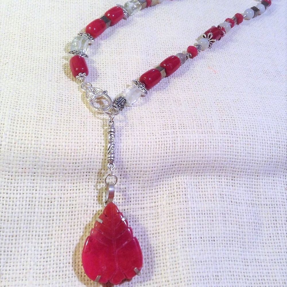 Ruby red Y beaded necklace